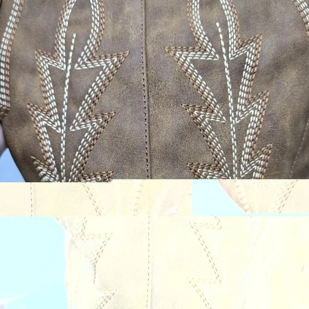 Brown Embroidered Thigh-High Over-the-Knee Cowboy Back Lace-Up Boots Size 6